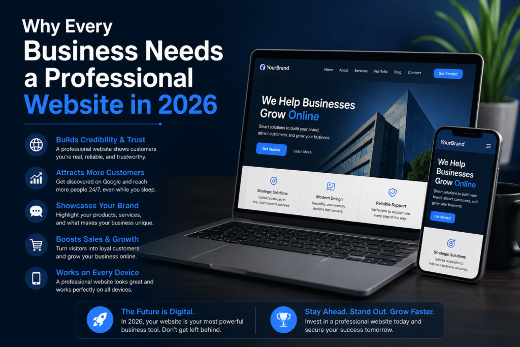 Infographic showing why businesses need a professional website in 2026, featuring a modern website displayed on a laptop and smartphone with key business benefits.